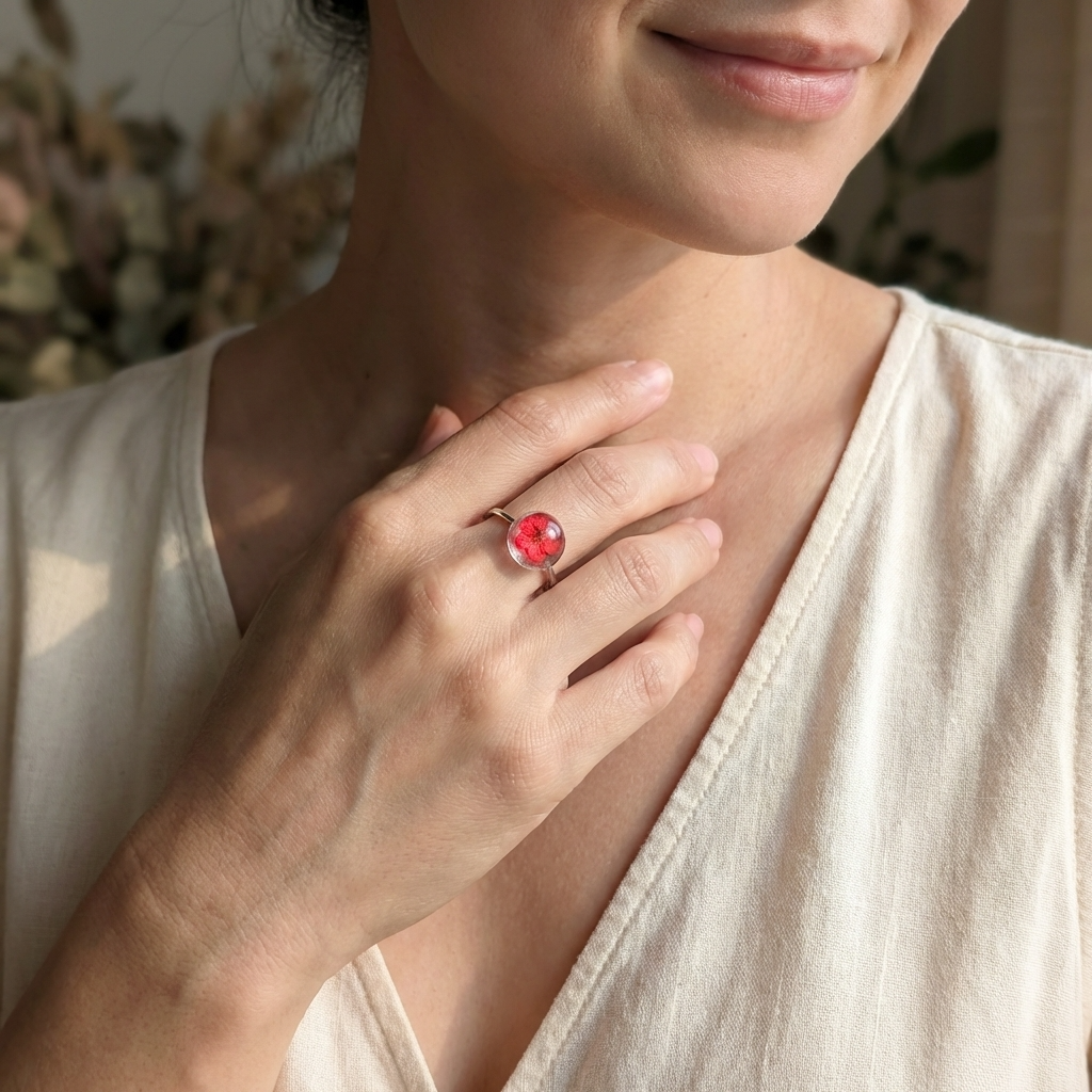 Red Spiraea Platinum Plated Adjustable Ring | New Beginnings