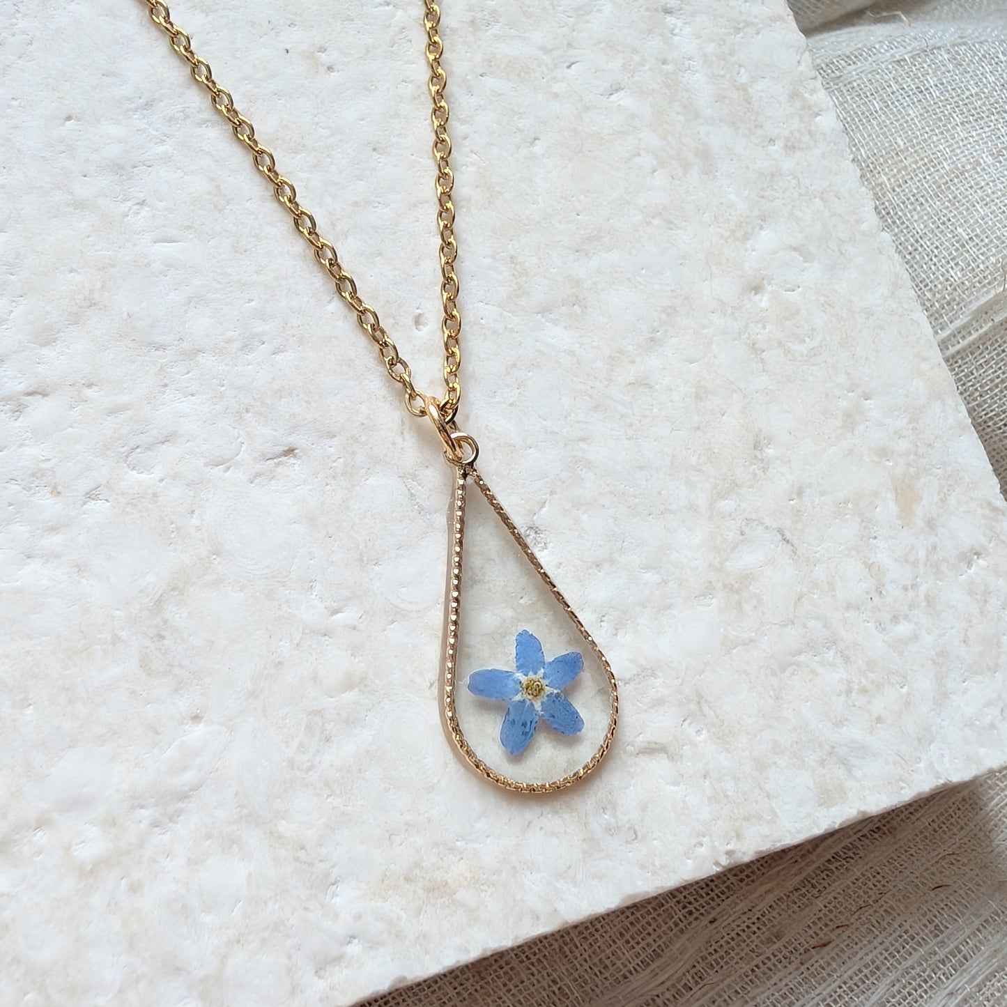 Gold Plated Bright Blue Forget Me Not Teardrop Pendant Necklace