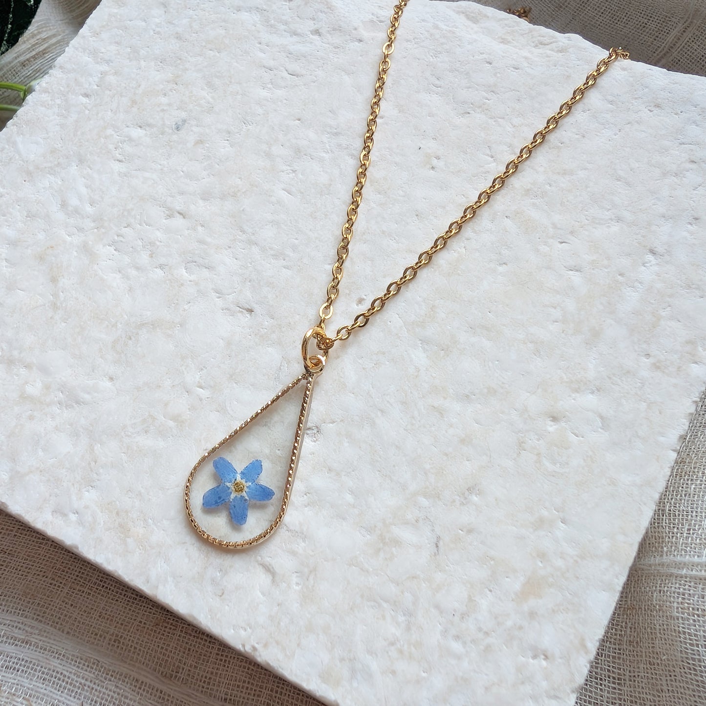Gold Plated Bright Blue Forget Me Not Teardrop Pendant Necklace