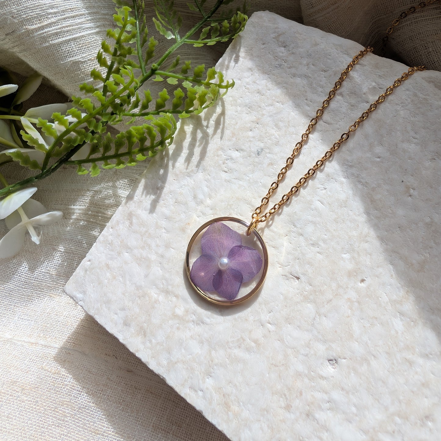 Understanding | Purple Hydrangea Necklace with Imitation Pearl | Gold Plated Real Flower Jewellery