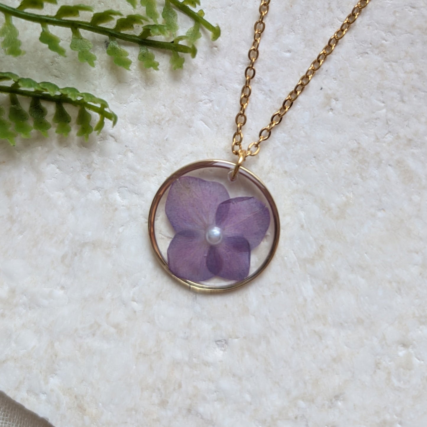 Understanding | Purple Hydrangea Necklace with Imitation Pearl | Gold Plated Real Flower Jewellery
