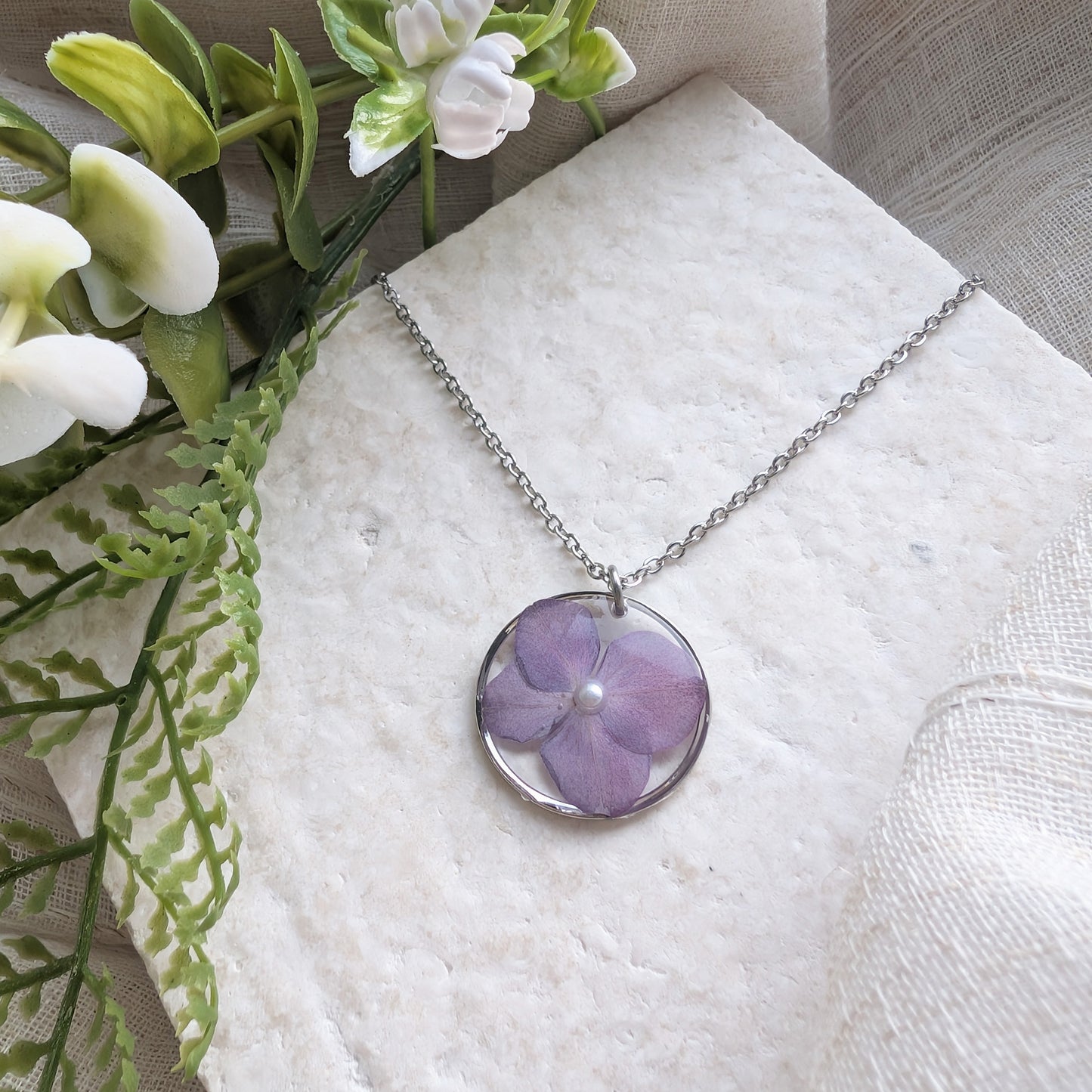 Understanding | Purple Hydrangea Necklace with Pearl | Platinum Plated Real Flower Jewellery