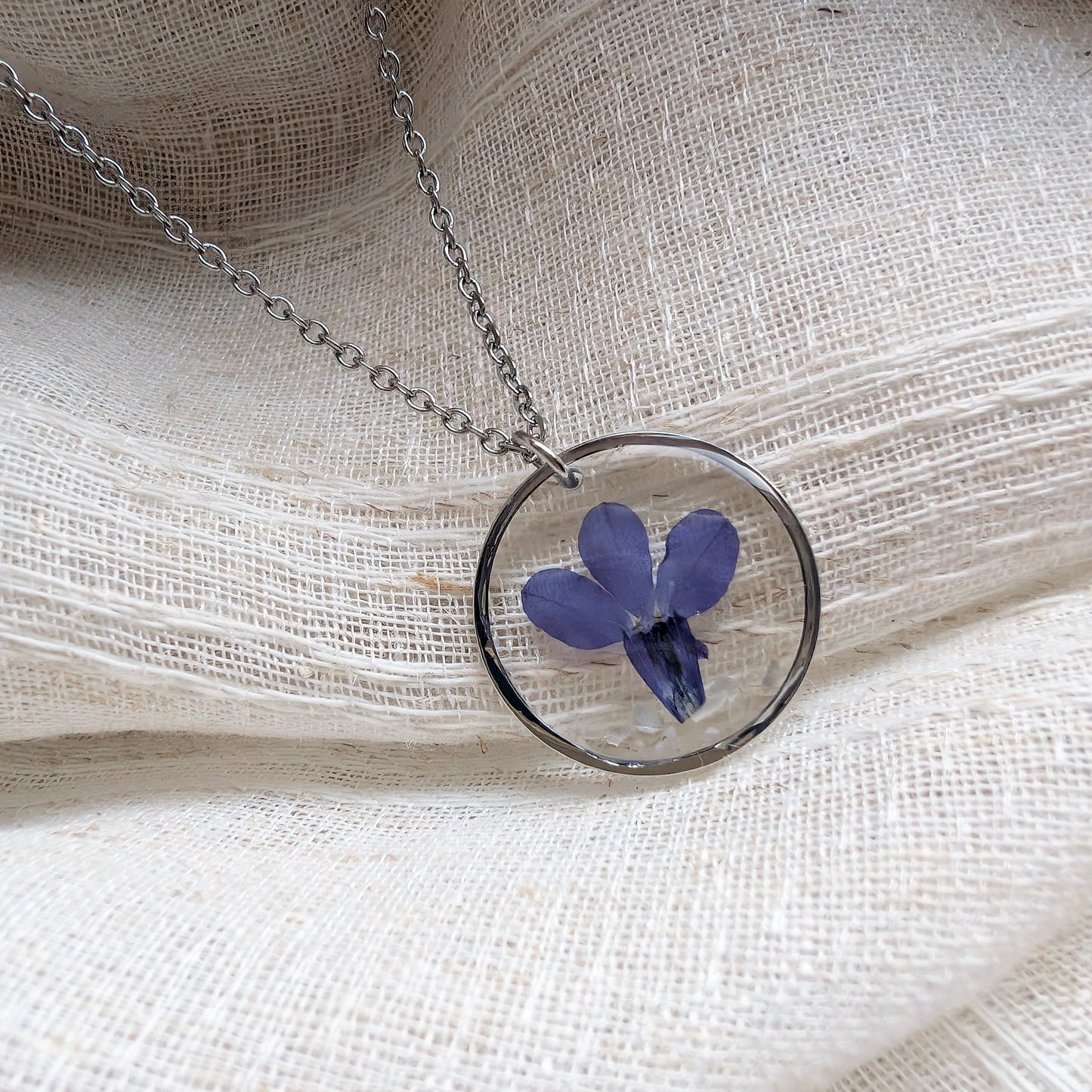 Harmony Blue Lobelia Necklace with Seashell Flakes | Platinum Plated Real Flower Jewellery