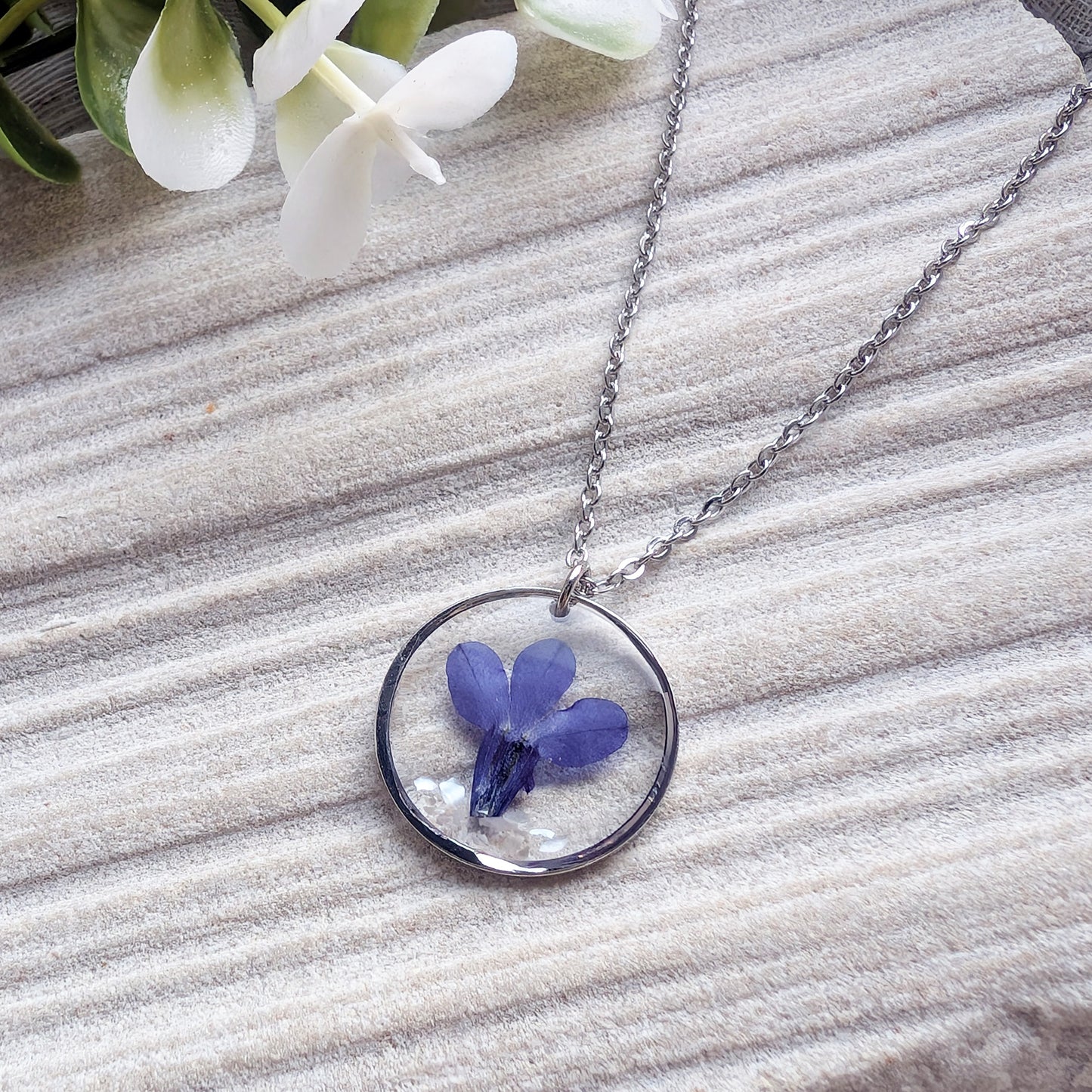 Harmony Blue Lobelia Necklace with Seashell Flakes | Platinum Plated Real Flower Jewellery