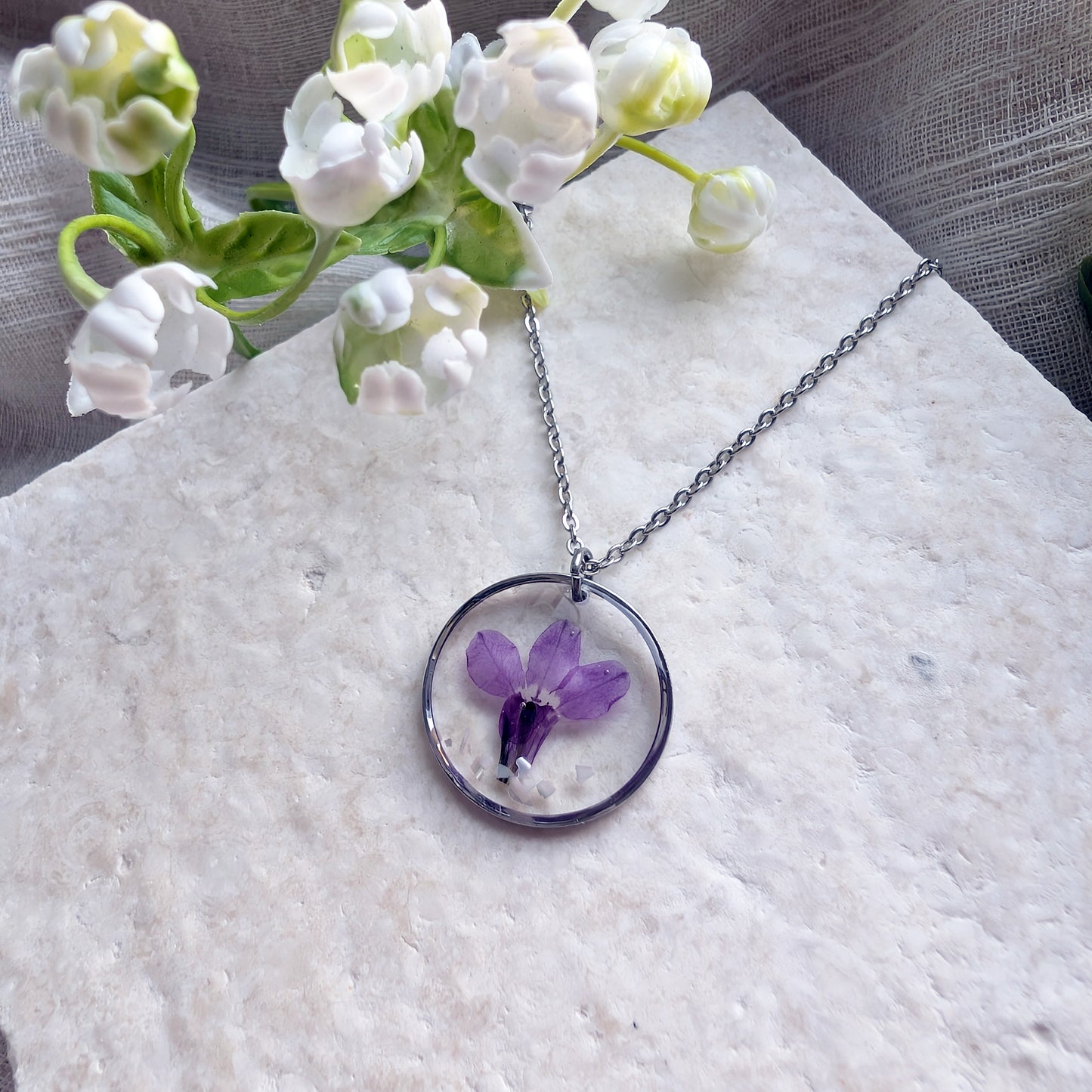 Harmony Purple Lobelia Necklace with Seashell Flakes | Platinum Plated Real Flower Jewellery