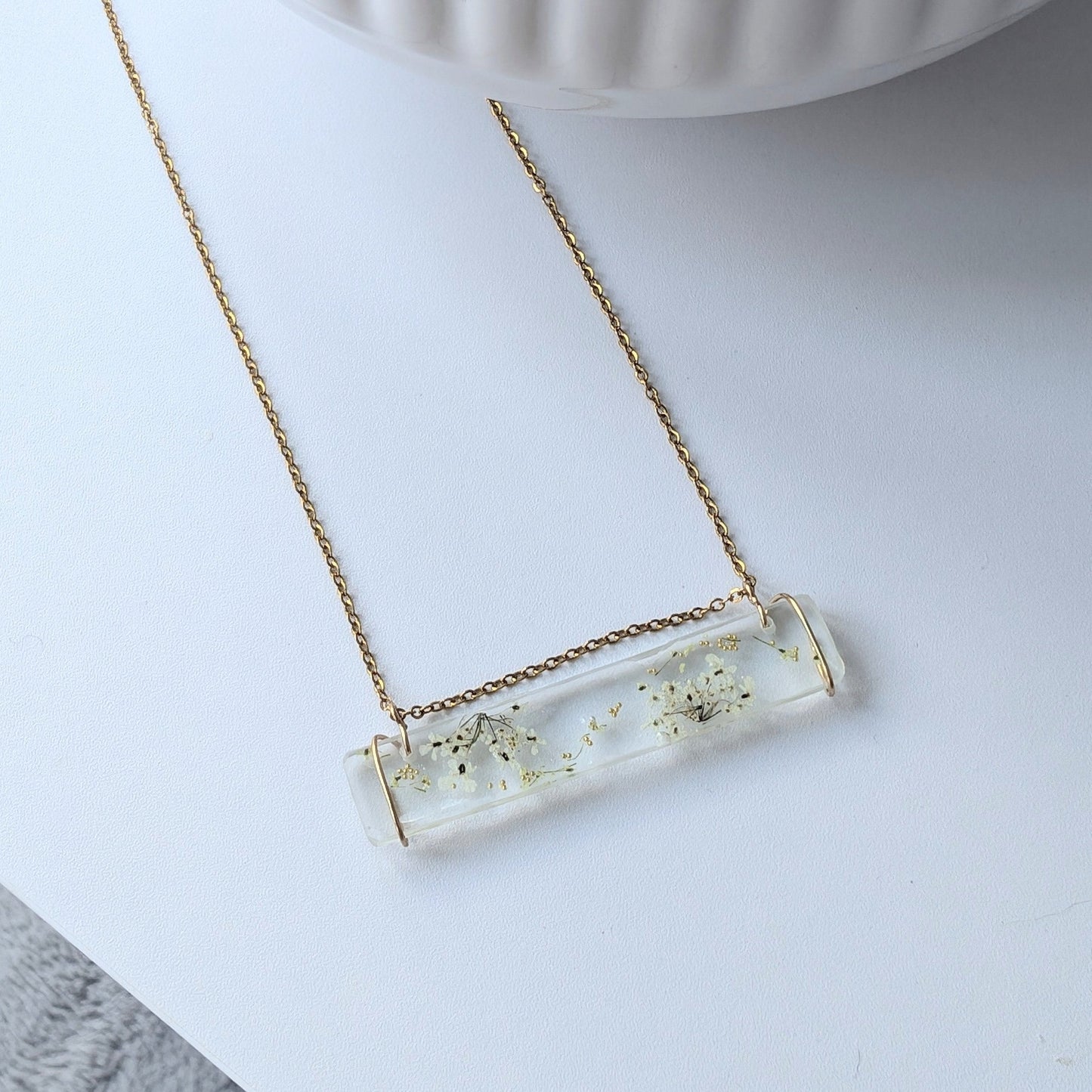 Unique Queen Anne's Lace Real Flower Handmade Bar Necklace - Autumn Bloom and Fade