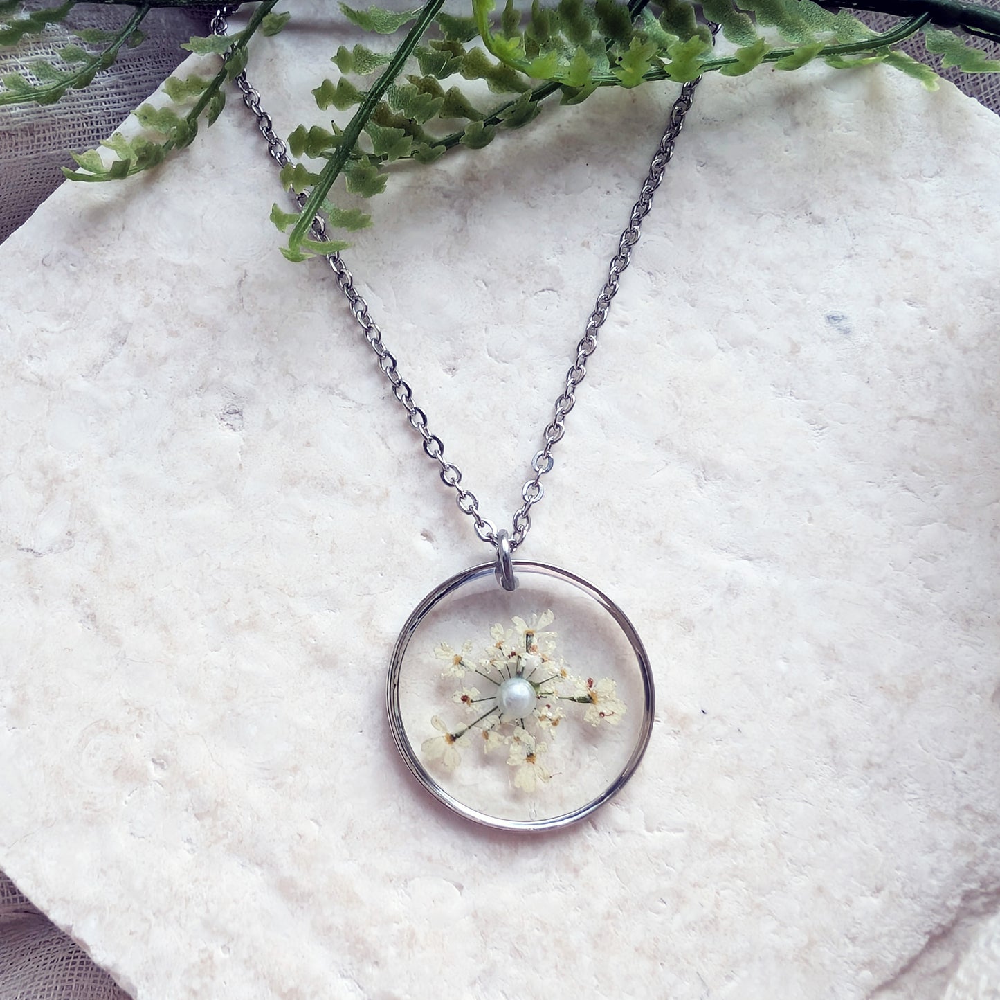 Queen Anne’s Lace Platinum Plated Necklace with Pearl Accent | Real Flower Jewellery