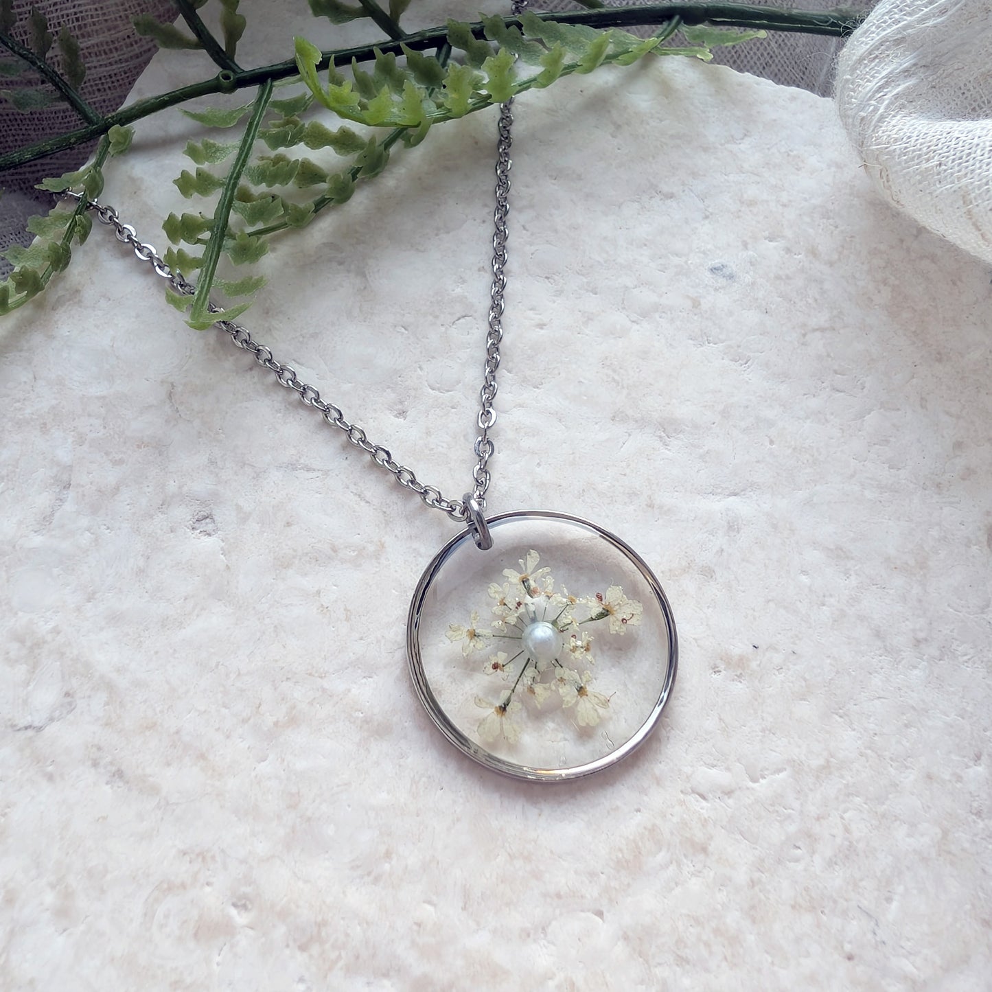 Queen Anne’s Lace Platinum Plated Necklace with Pearl Accent | Real Flower Jewellery