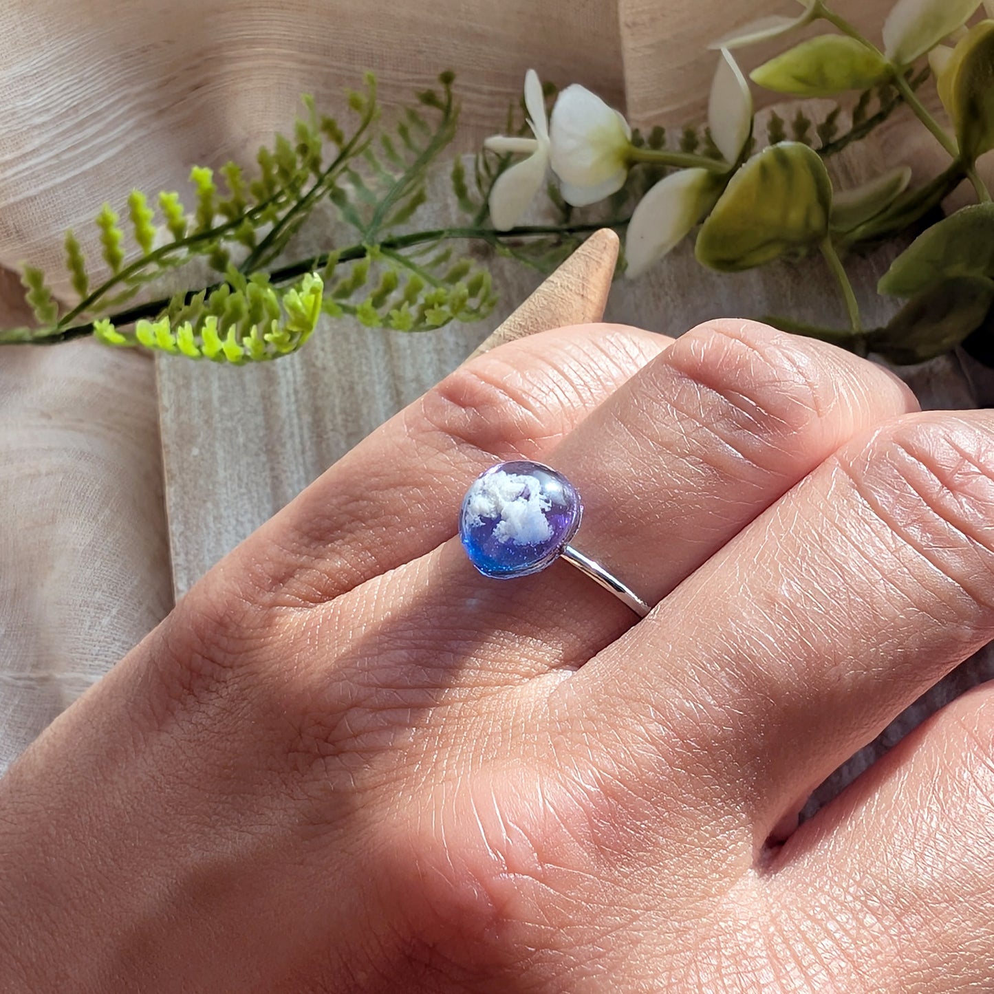 Platinum Plated Twilight Sky Dome Ring – 10mm | Handmade Resin Art