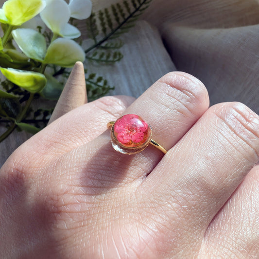 Gold Plated Red Spiraea Dome Ring – Real Flower Jewellery