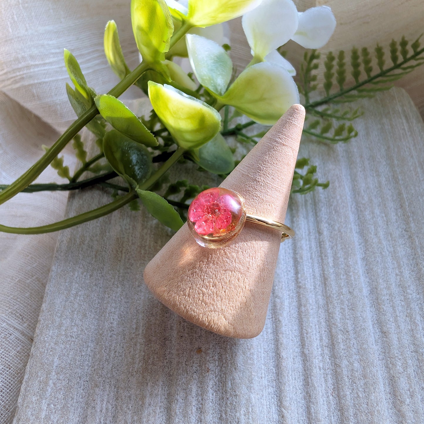 Gold Plated Red Spiraea Dome Ring – Real Flower Jewellery