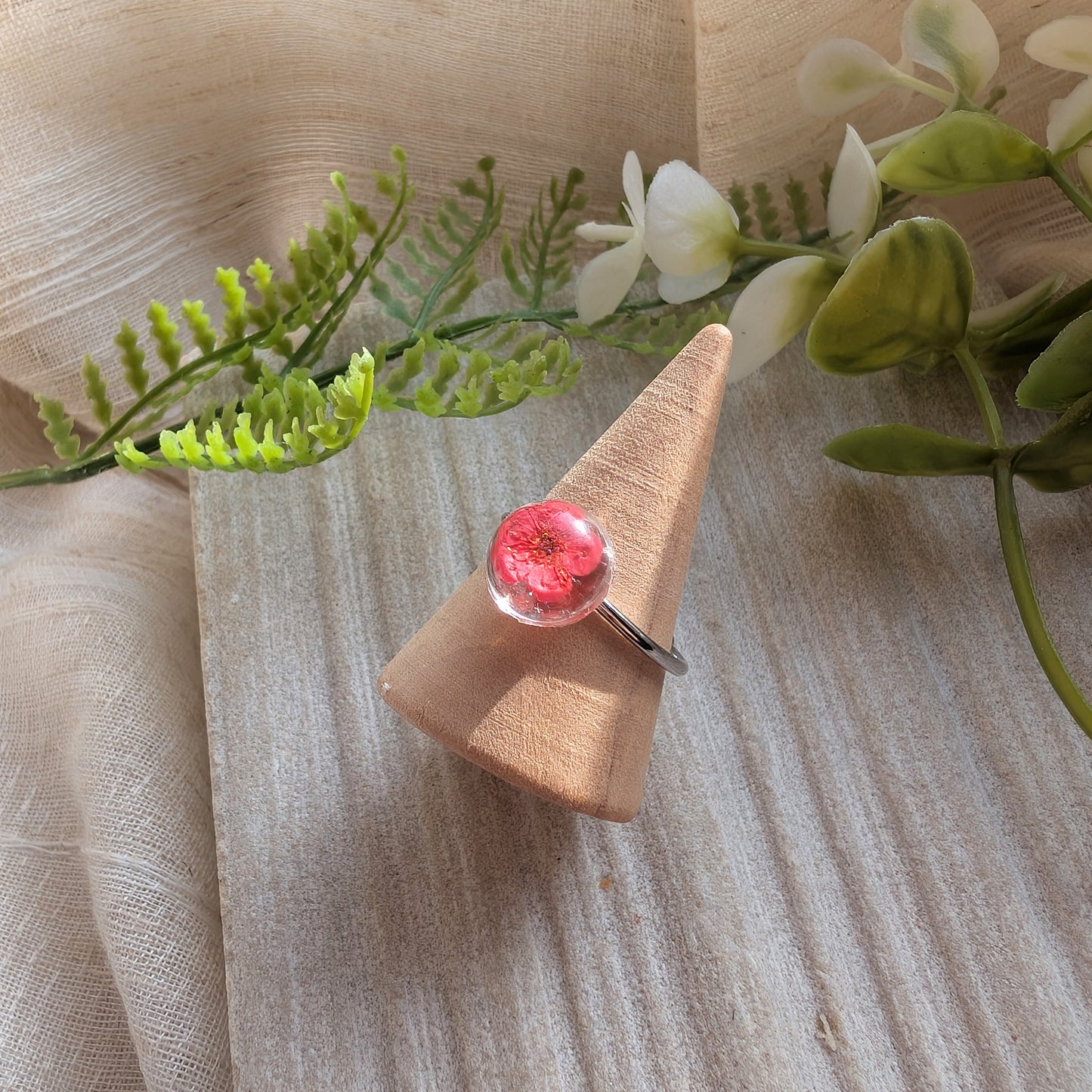 Platinum Plated Red Spiraea Dome Ring – Real Flower Jewellery