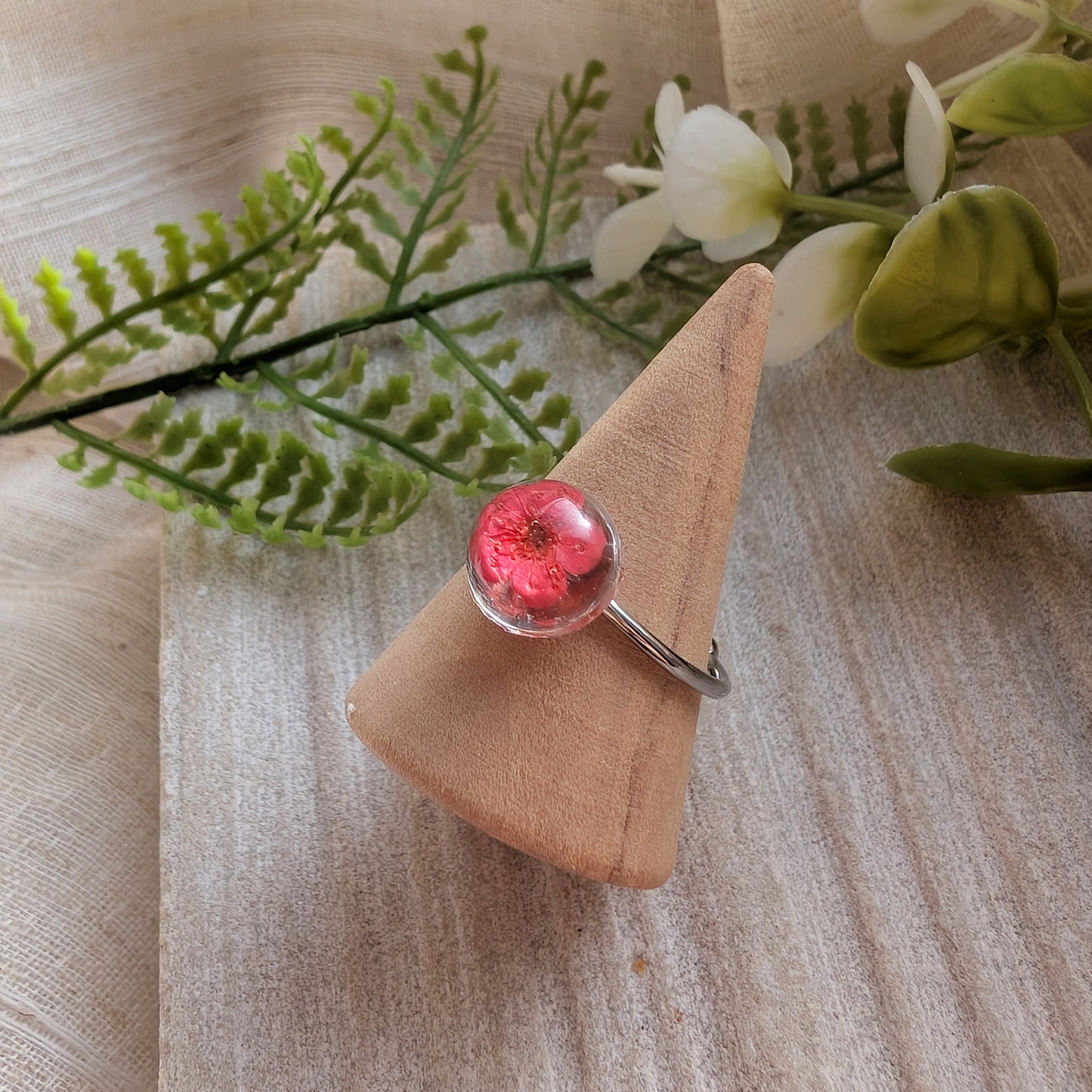 Platinum Plated Red Spiraea Dome Ring – Real Flower Jewellery