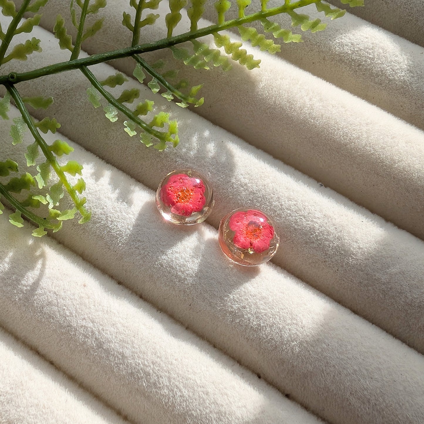 Love | Gold Plated Sterling Silver Red Spiraea Dome Stud Earrings