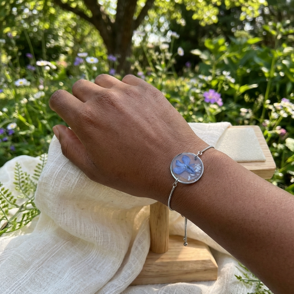 Dark skin tone model wearing a blue lobelia bracelet, showing a vivid contrast with delicate platinum plated jewellery