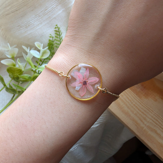 Pink Chive Blossom Bracelet with Seashell Flakes | Gold Plated Real Flower Jewellery