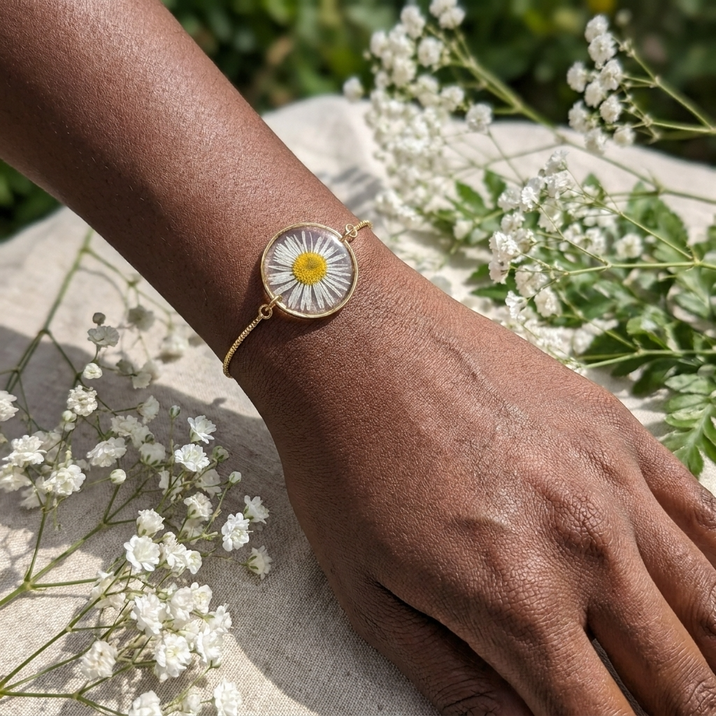 Dark skin tone model wearing a daisy bracelet, showing a soft contrast with delicate gold plated jewellery