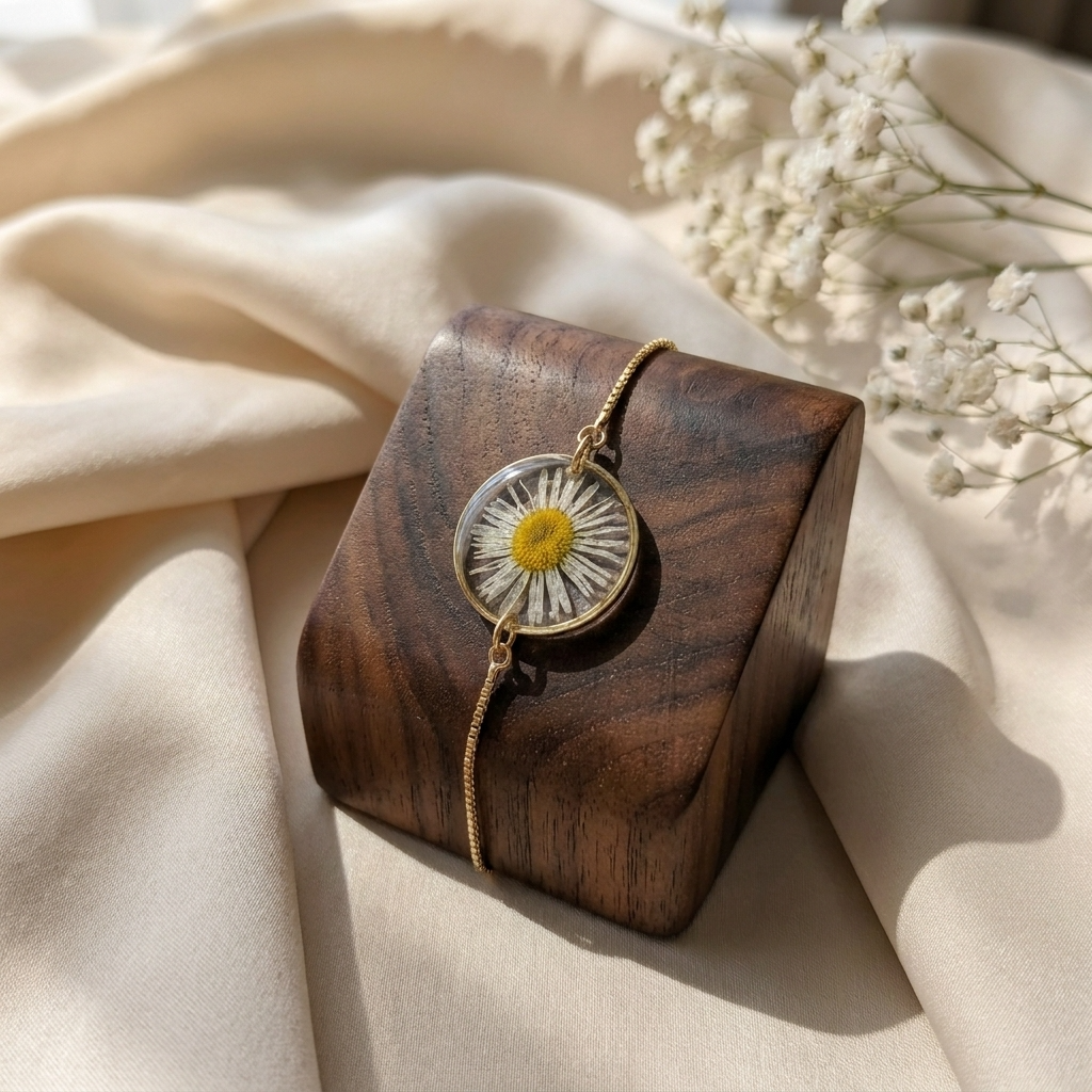 Daisy 20mm flat bracelet on jewellery display stand, handmade real flower jewellery by Work by Nature