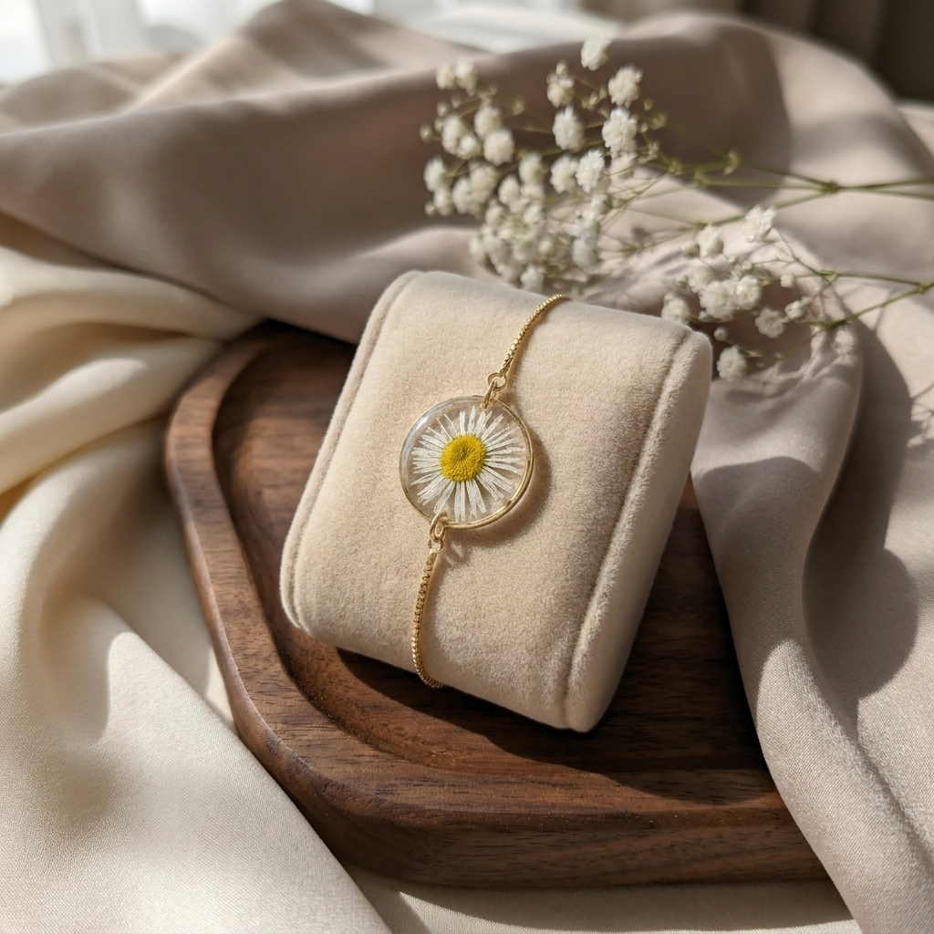 Daisy 20mm flat bracelet on jewelry display stand, handmade real flower jewelry by Work by Nature