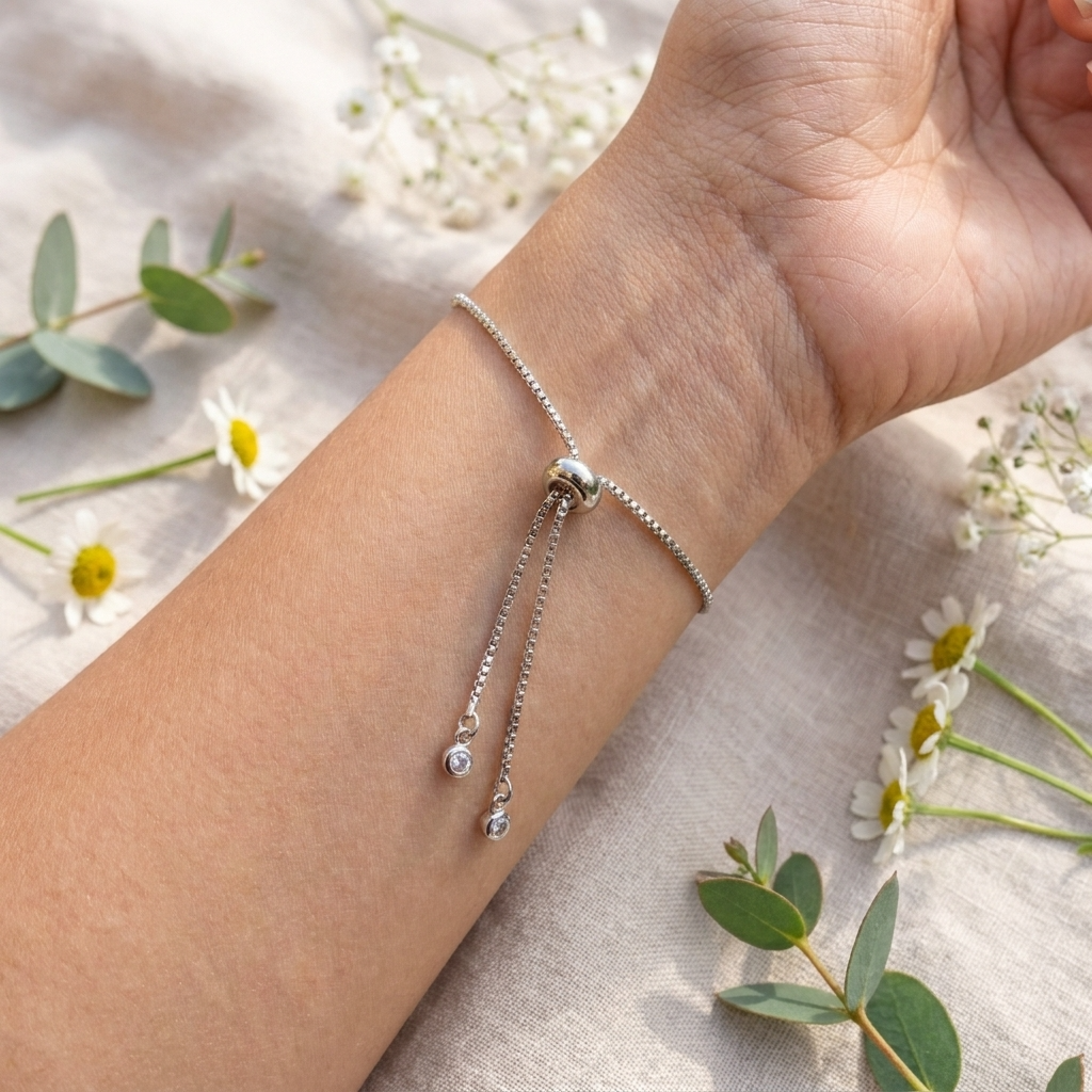 Close-up of the adjustable slider mechanism on a platinum plated daisy bracelet, showing the bracelet fastening and fit detail