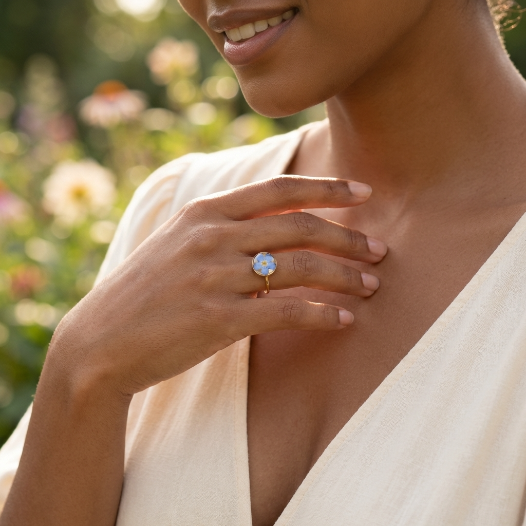 Bright Forget Me Not Gold Plated Adjustable Ring | Love & Faith