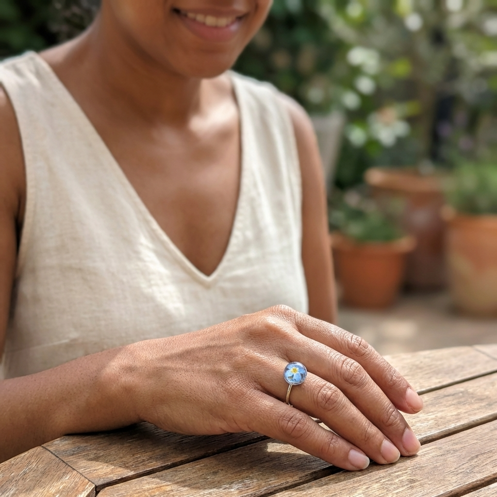 Bright Forget Me Not Platinum Plated Adjustable Ring | Love & Faith
