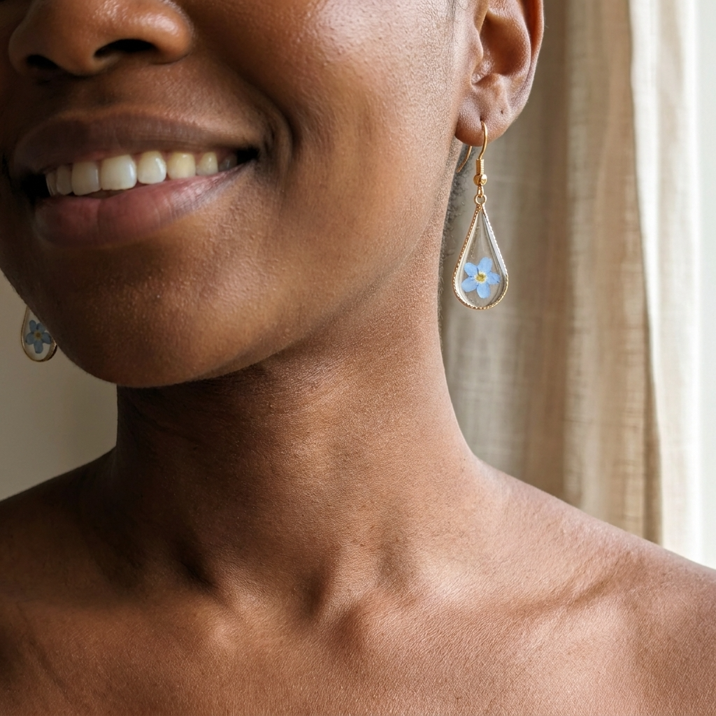 Bright Forget Me Not Waterdrop Gold Plated Earrings | Love & Faith