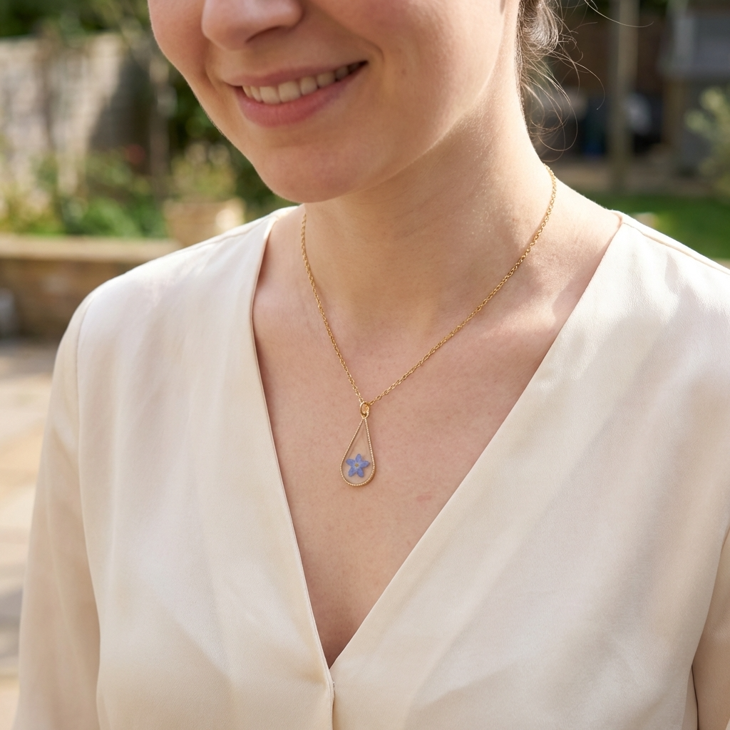 Bright Forget Me Not Waterdrop Gold Plated Stainless Steel Necklace | Love & Faith