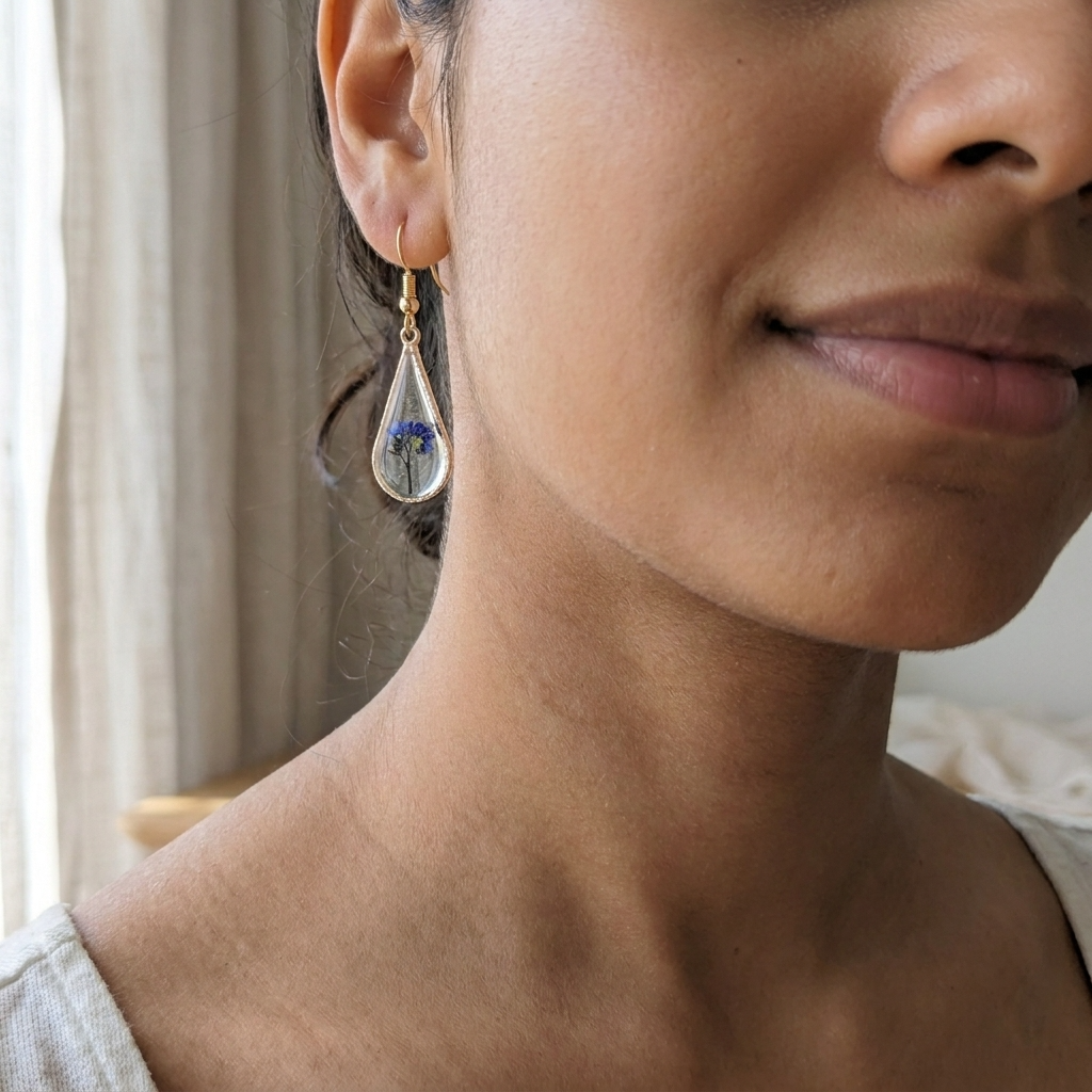 Forget Me Not Plant Waterdrop Gold Plated Silver Earrings | Love & Faith