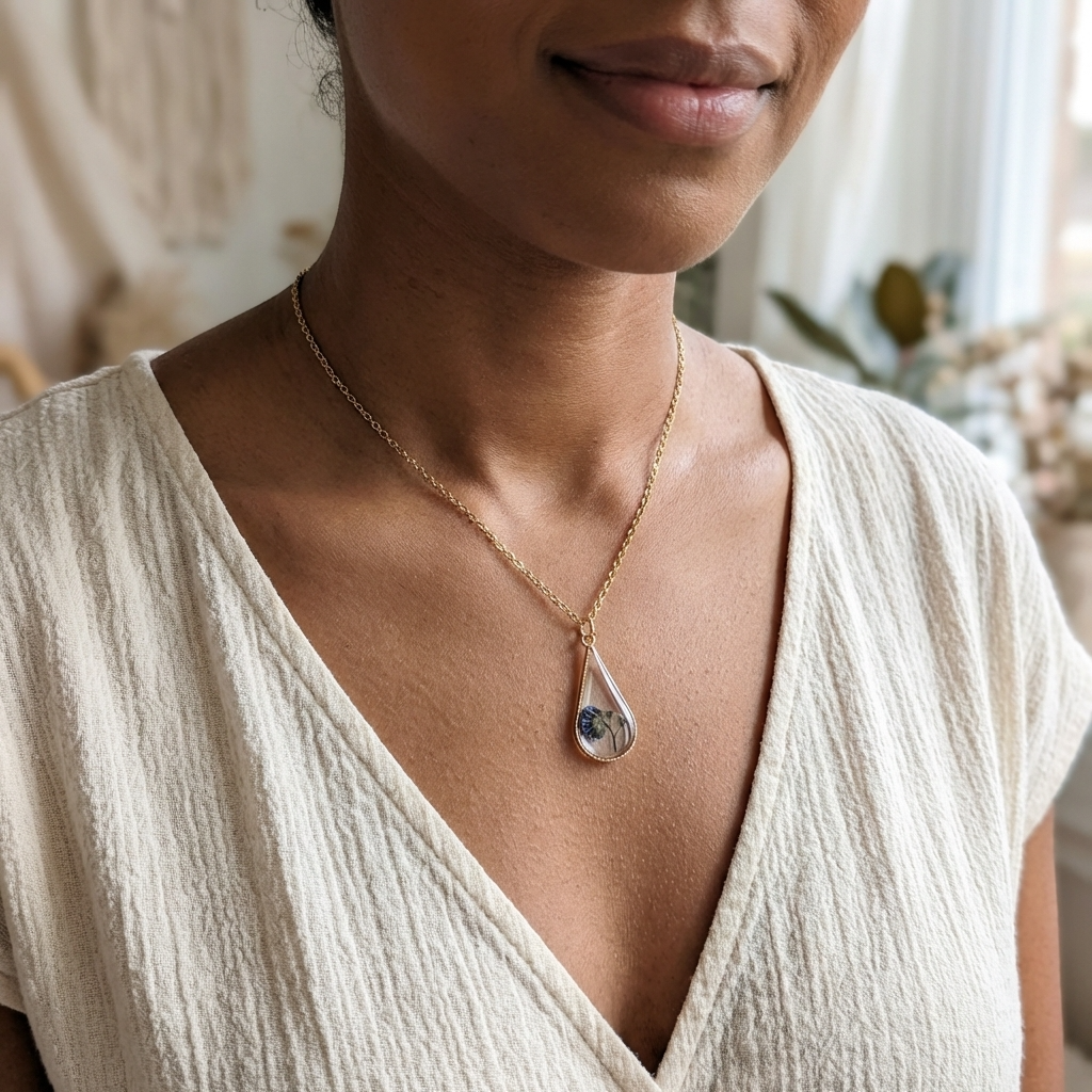 Forget Me Not Plant Waterdrop Gold Plated Stainless Steel Necklace | Love & Faith