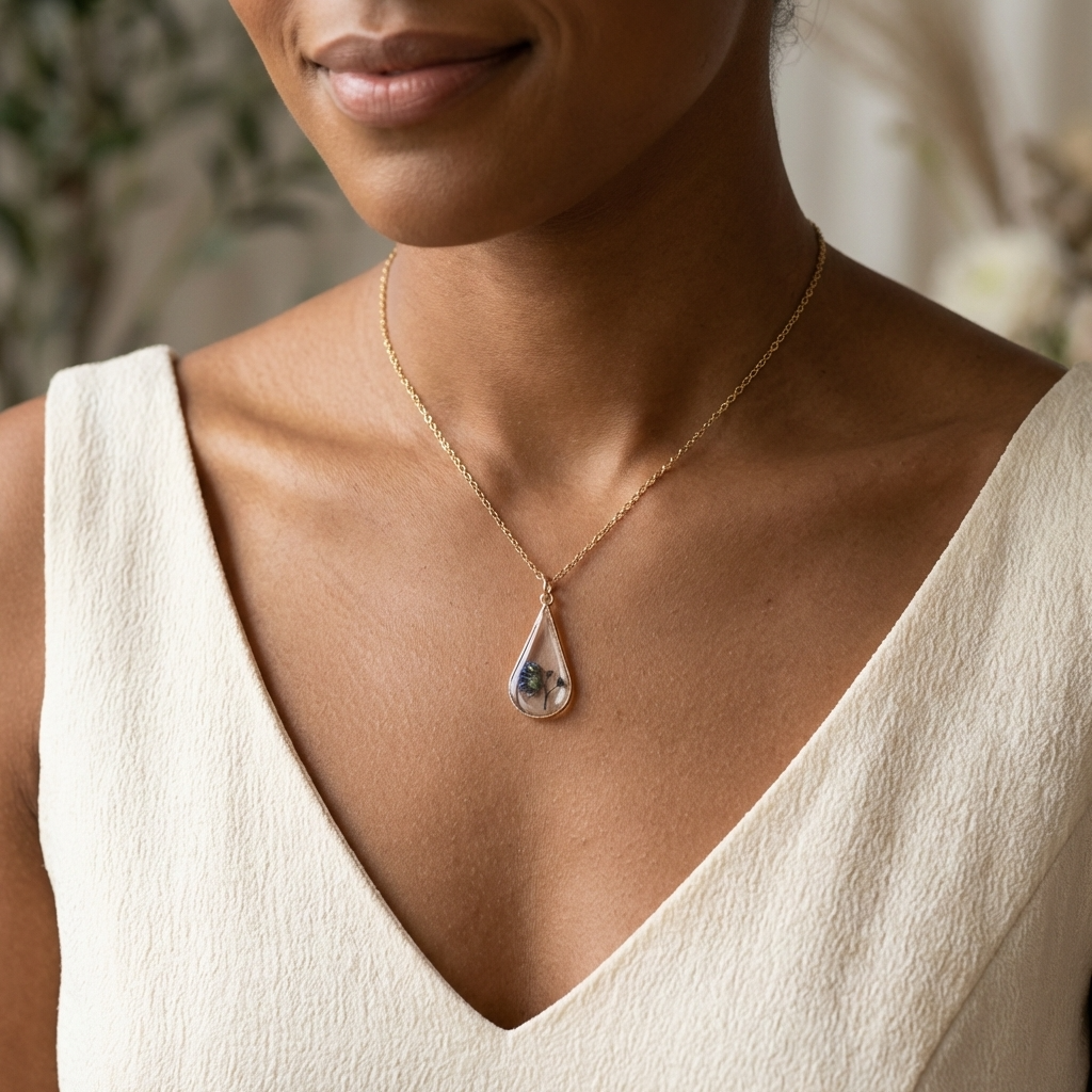 Forget Me Not Plant Waterdrop Gold Plated Stainless Steel Necklace | Love & Faith