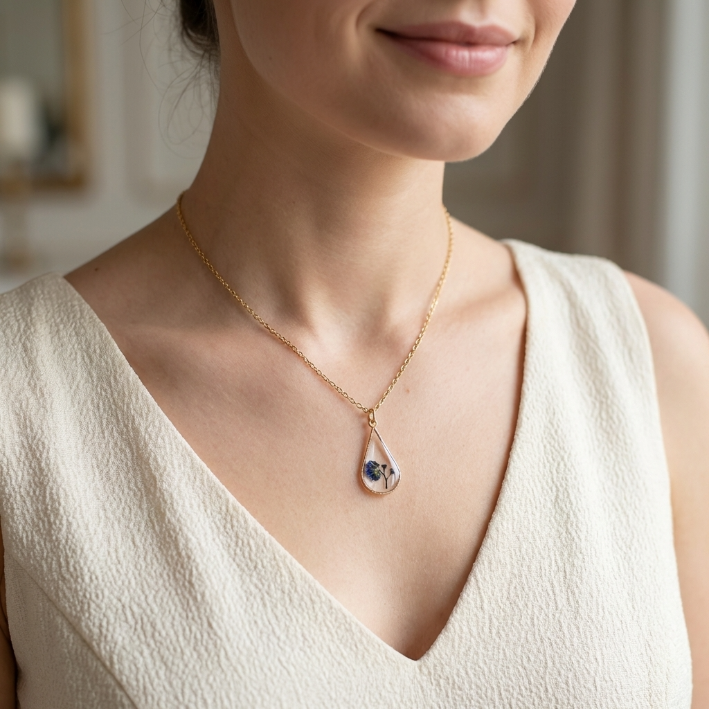 Forget Me Not Plant Waterdrop Gold Plated Stainless Steel Necklace | Love & Faith