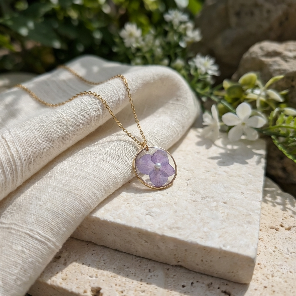 Purple Hydrangea Gold Plated Stainless Steel Necklace with Pearl | Understanding