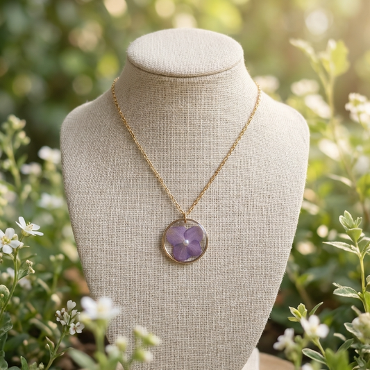 Purple Hydrangea Gold Plated Stainless Steel Necklace with Pearl | Understanding