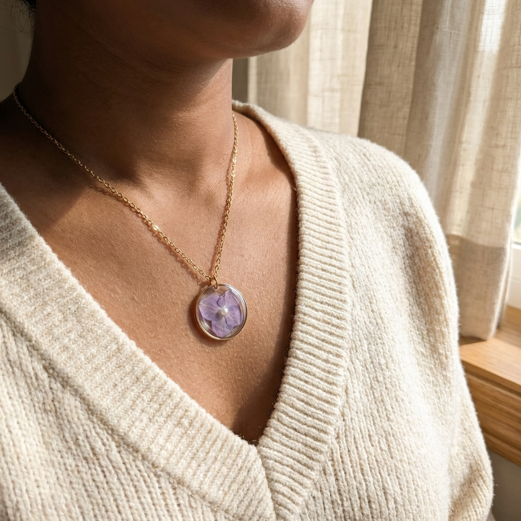 Purple Hydrangea Gold Plated Stainless Steel Necklace with Pearl | Understanding