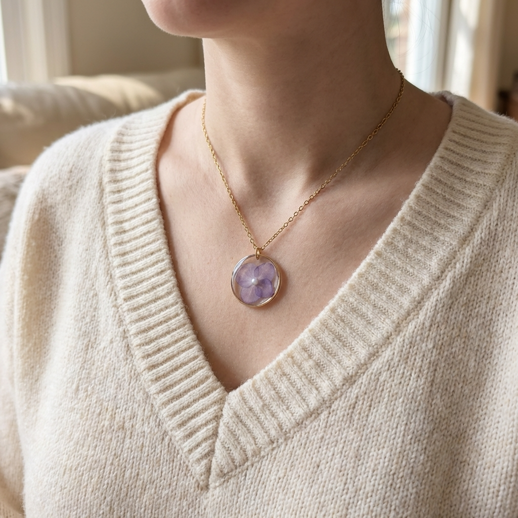 Purple Hydrangea Gold Plated Stainless Steel Necklace with Pearl | Understanding