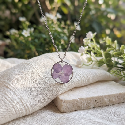 Purple Hydrangea Stainless Steel Necklace with Pearl | Understanding