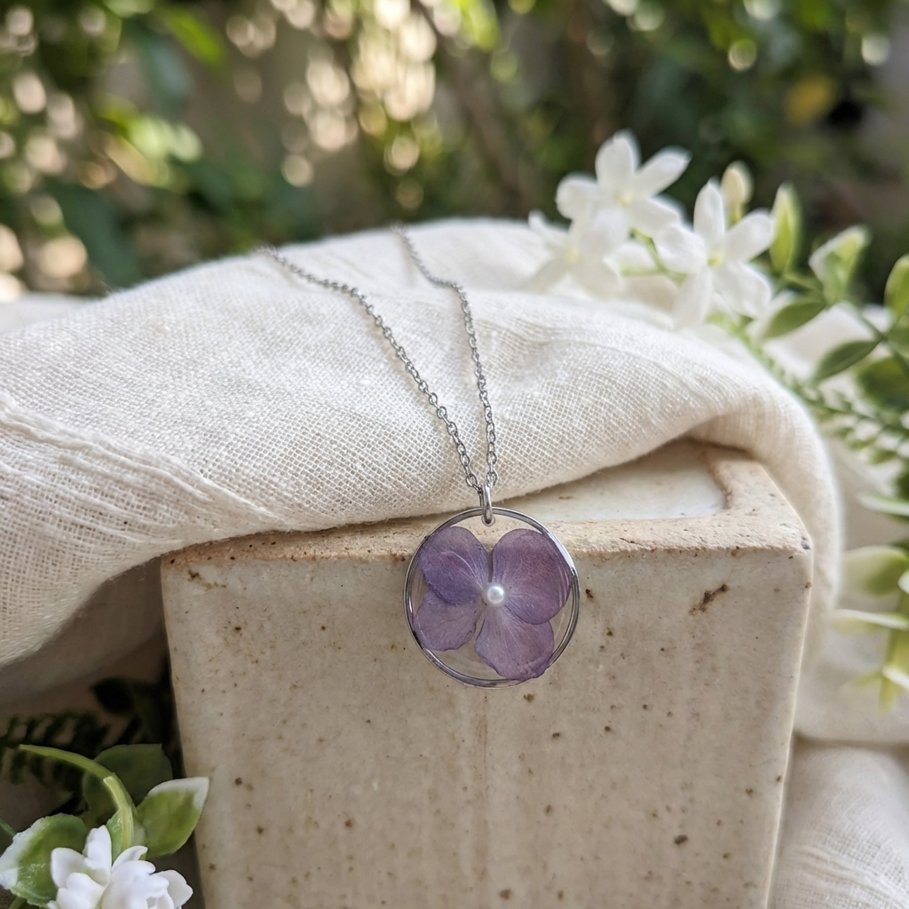 Purple Hydrangea Stainless Steel Necklace with Pearl | Understanding