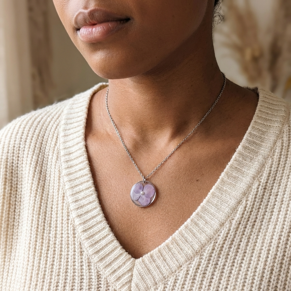 Purple Hydrangea Stainless Steel Necklace with Pearl | Understanding