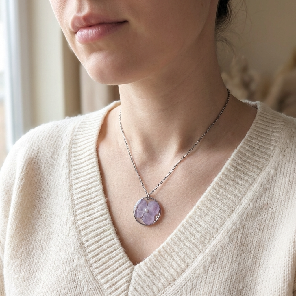 Purple Hydrangea Stainless Steel Necklace with Pearl | Understanding