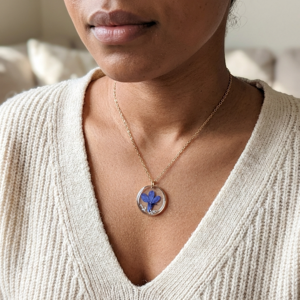 Blue Lobelia Gold Plated Stainless Steel Necklace with Mother of Pearl | Tranquility