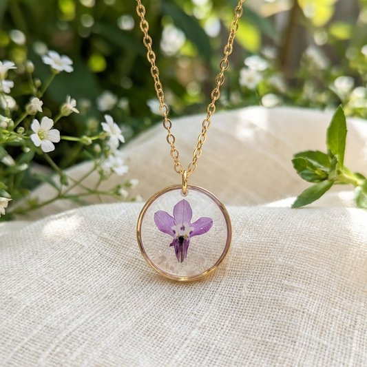Purple Lobelia Gold Plated Stainless Steel Necklace with Mother of Pearl | Tranquility
