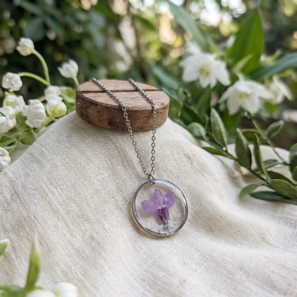 Purple Lobelia Stainless Steel Necklace with Mother of Pearl | Harmony