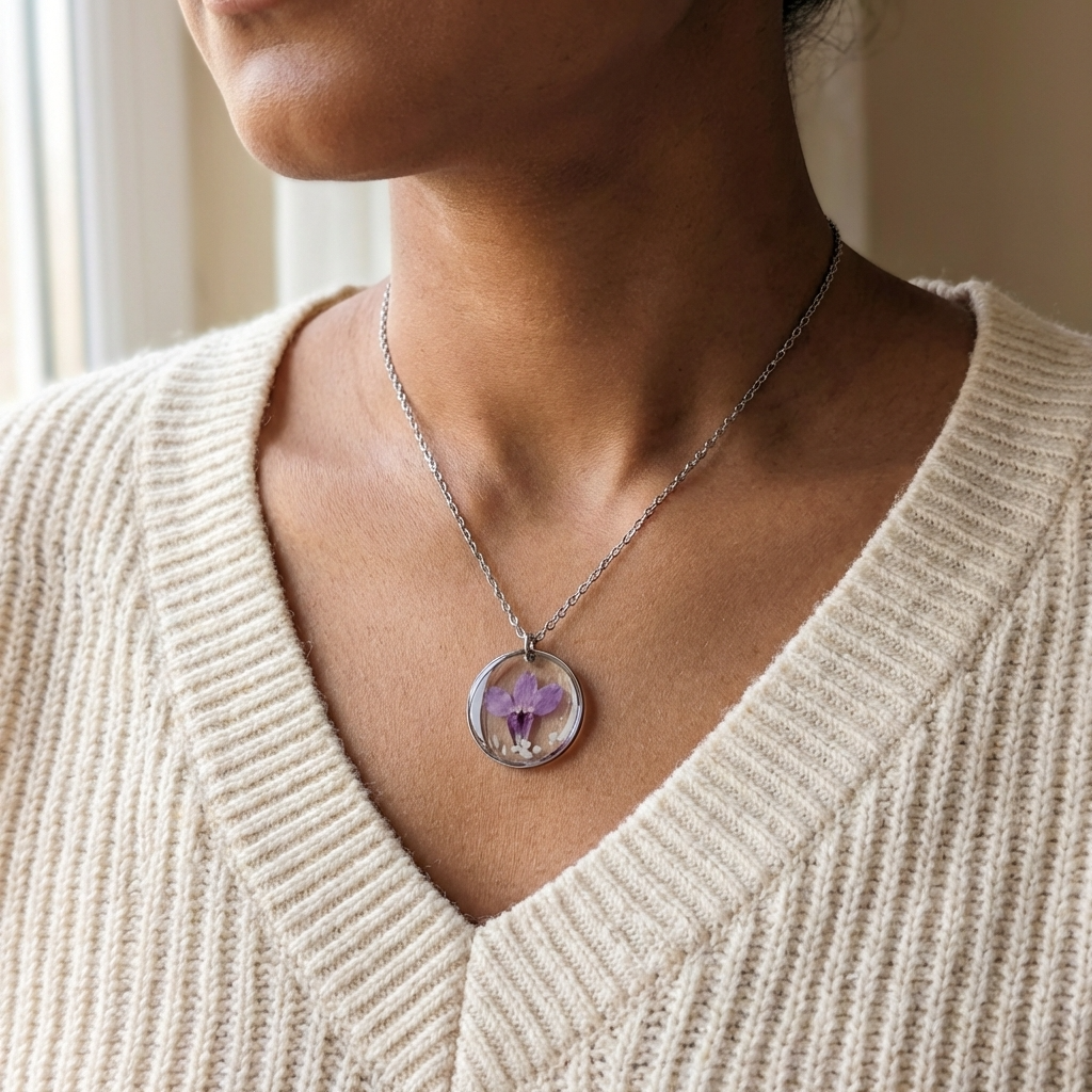 Purple Lobelia Stainless Steel Necklace with Mother of Pearl | Harmony