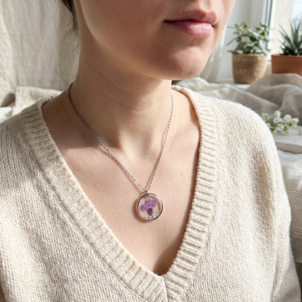 Purple Lobelia Stainless Steel Necklace with Mother of Pearl | Harmony