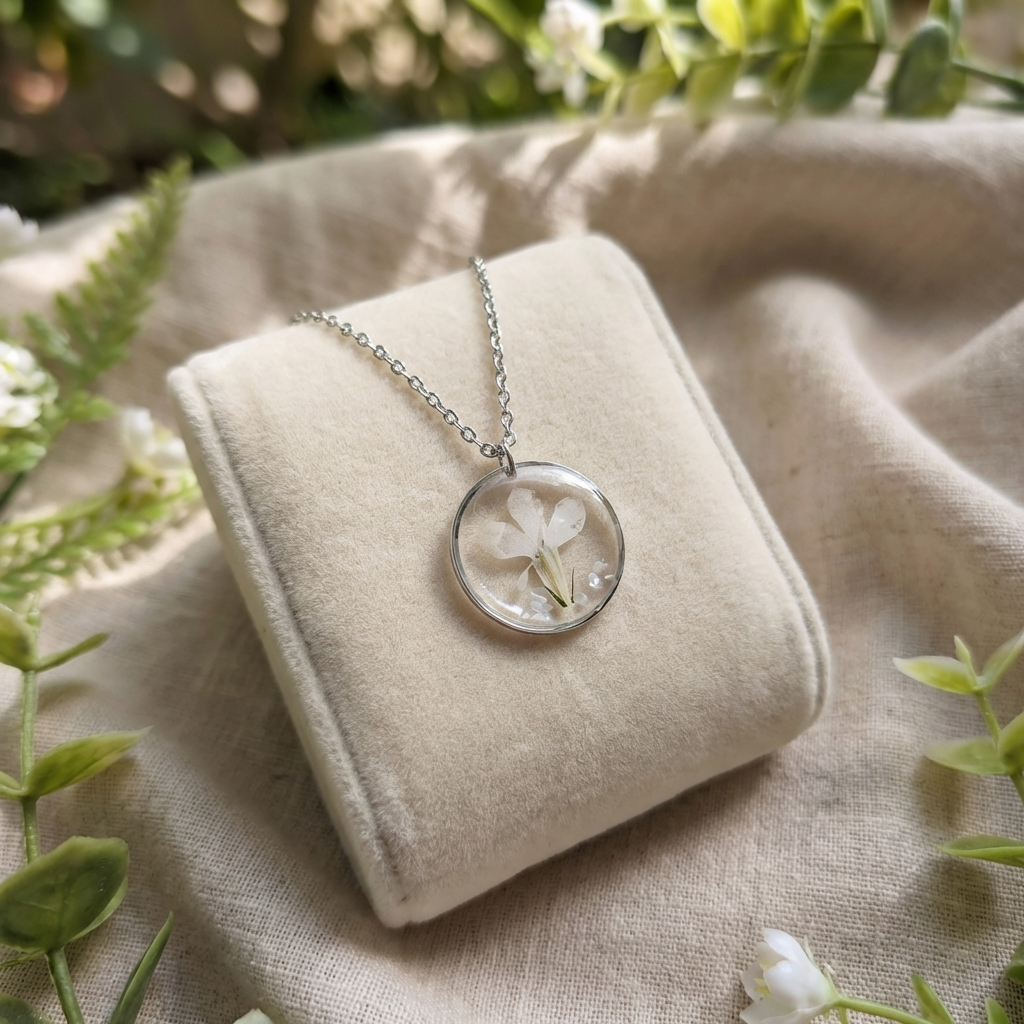 White Lobelia Stainless Steel Necklace with Mother of Pearl | Tranquility