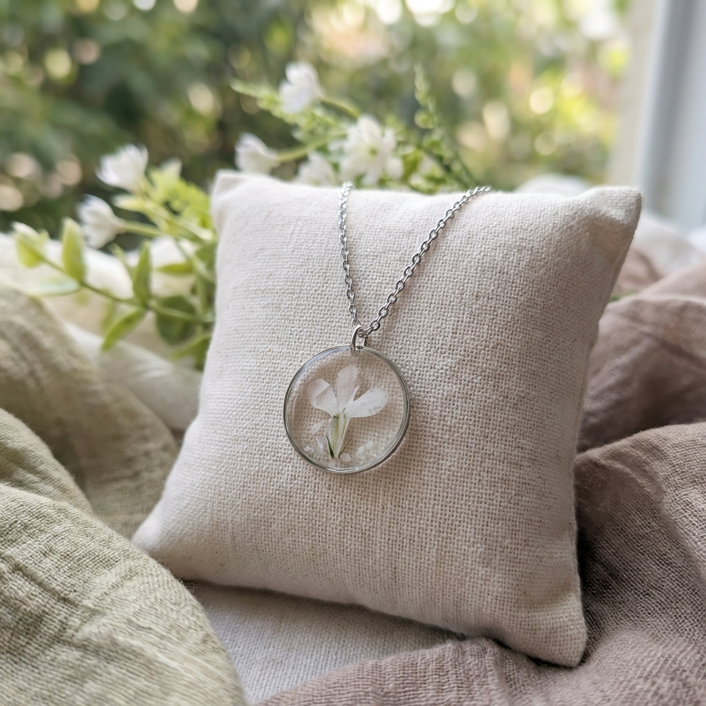 White Lobelia Stainless Steel Necklace with Mother of Pearl | Tranquility