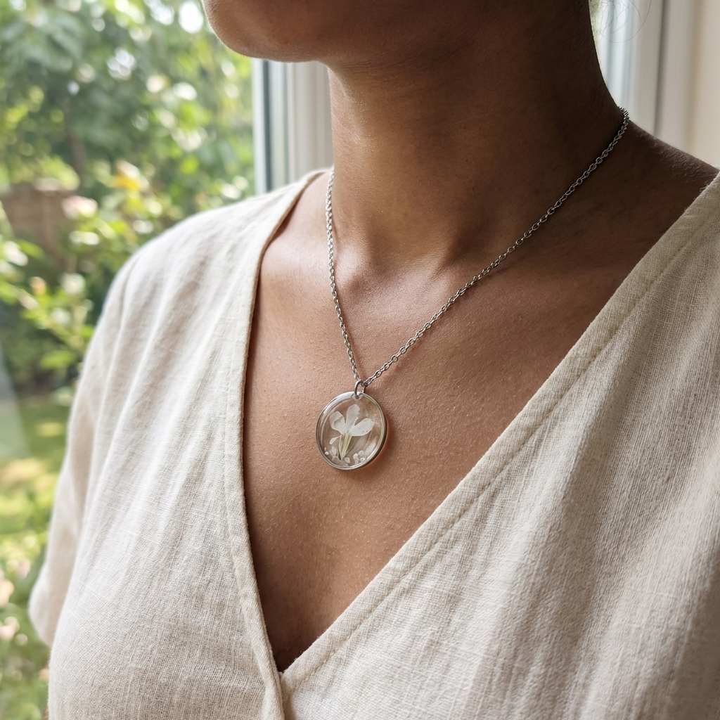 White Lobelia Stainless Steel Necklace with Mother of Pearl | Tranquility
