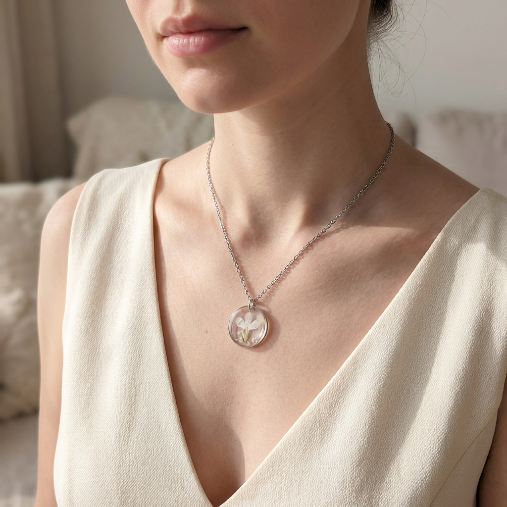 White Lobelia Stainless Steel Necklace with Mother of Pearl | Tranquility