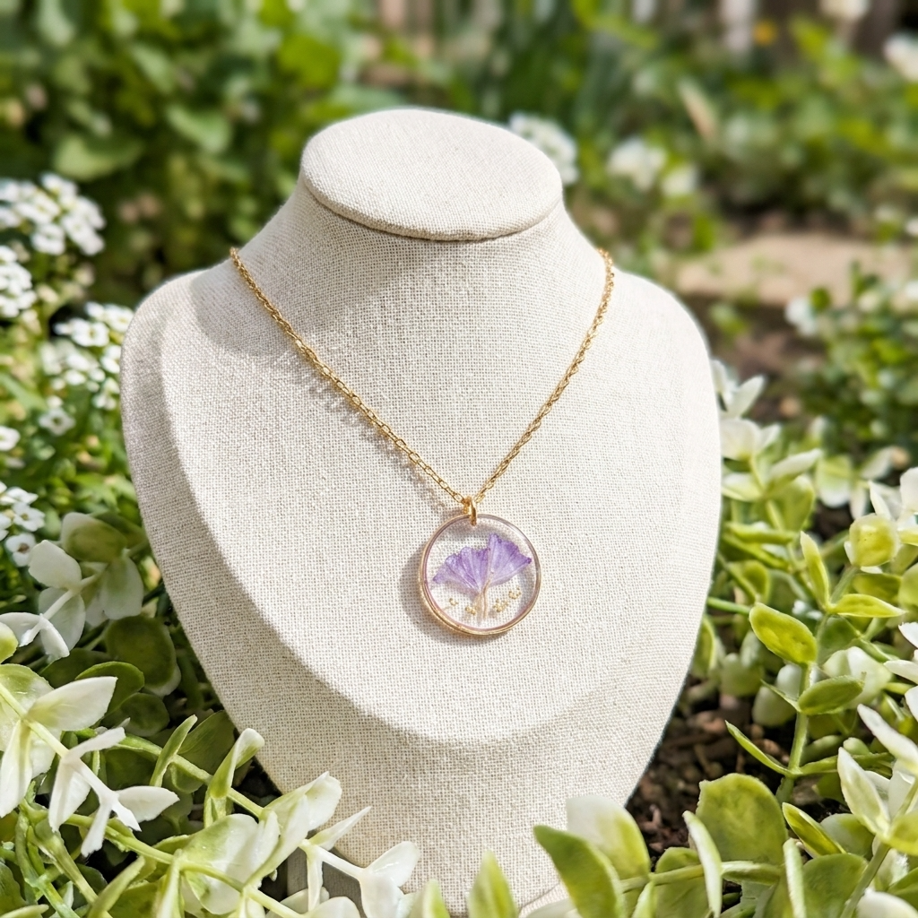 Sea Lavender Framed Gold Plated Stainless Steel Necklace | Resilience